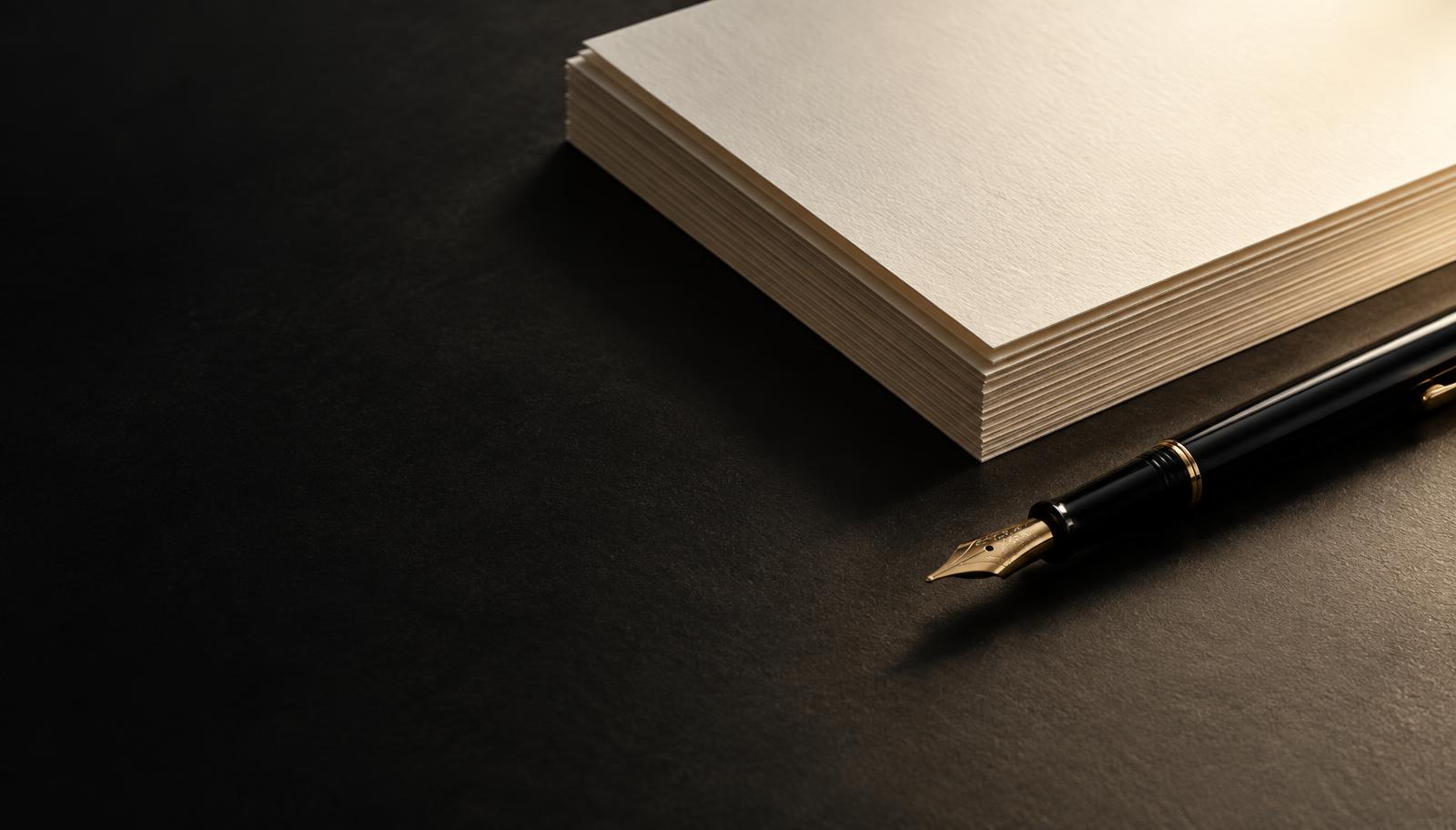 Blank paper and fountain pen on a dark desk